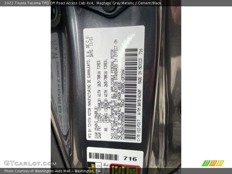 2022 Tacoma TRD Off Road Access Cab 4x4 Magnetic Gray Metallic Color Code 1G3