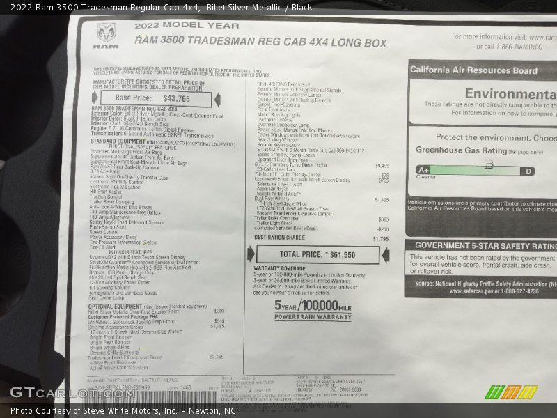  2022 3500 Tradesman Regular Cab 4x4 Window Sticker