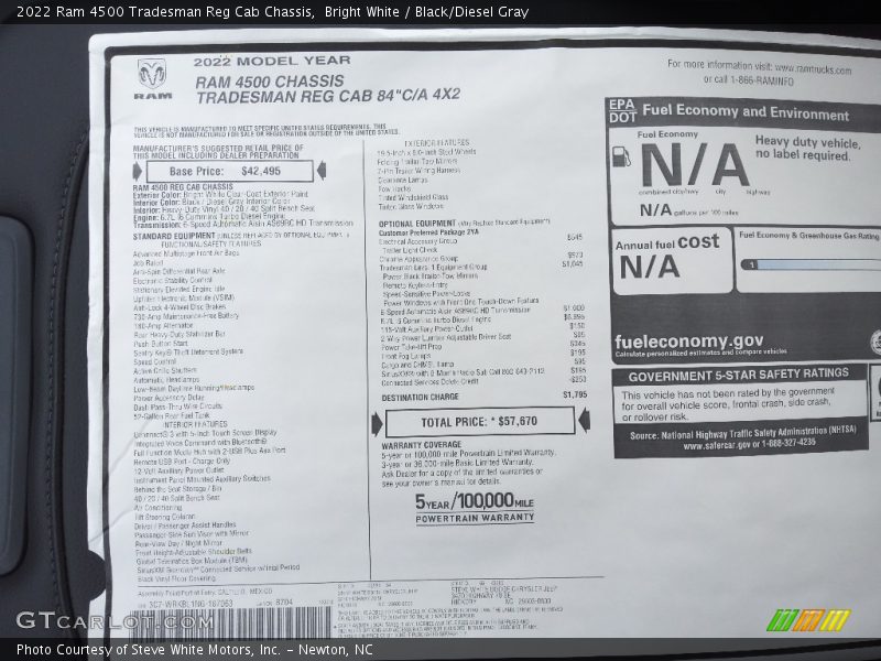  2022 4500 Tradesman Reg Cab Chassis Window Sticker