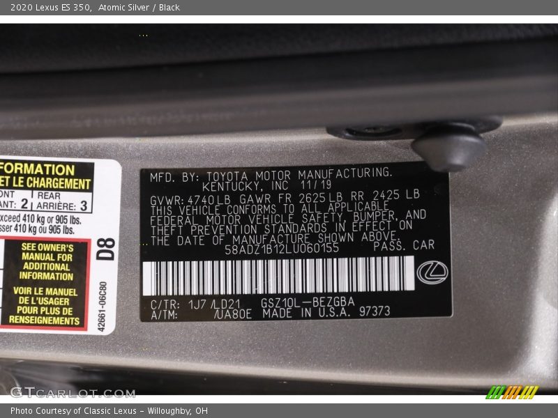 Atomic Silver / Black 2020 Lexus ES 350