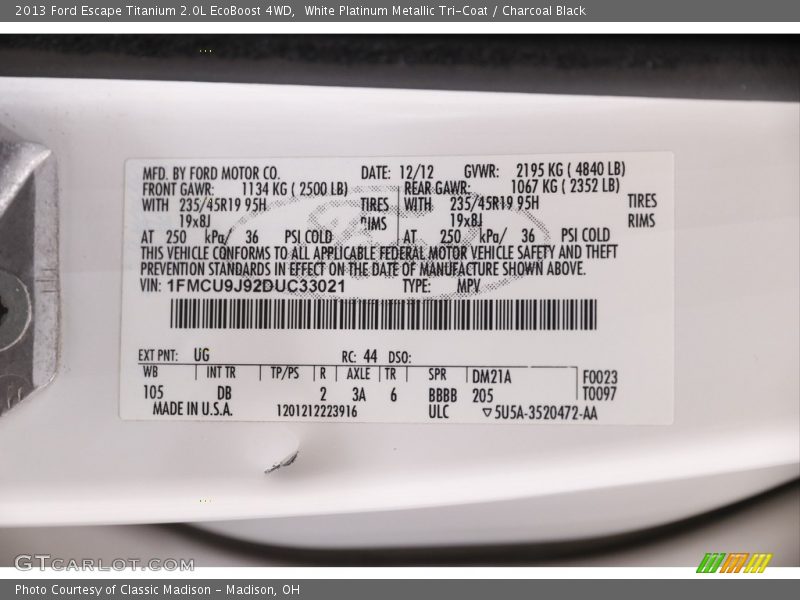 White Platinum Metallic Tri-Coat / Charcoal Black 2013 Ford Escape Titanium 2.0L EcoBoost 4WD