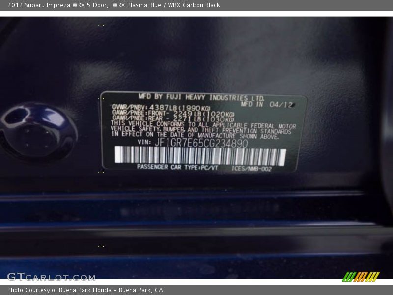 WRX Plasma Blue / WRX Carbon Black 2012 Subaru Impreza WRX 5 Door