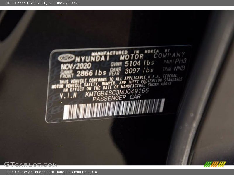 2021 G80 2.5T Vik Black Color Code PH3