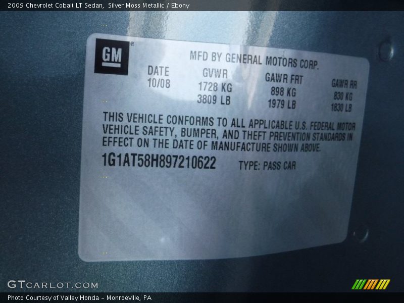 Silver Moss Metallic / Ebony 2009 Chevrolet Cobalt LT Sedan