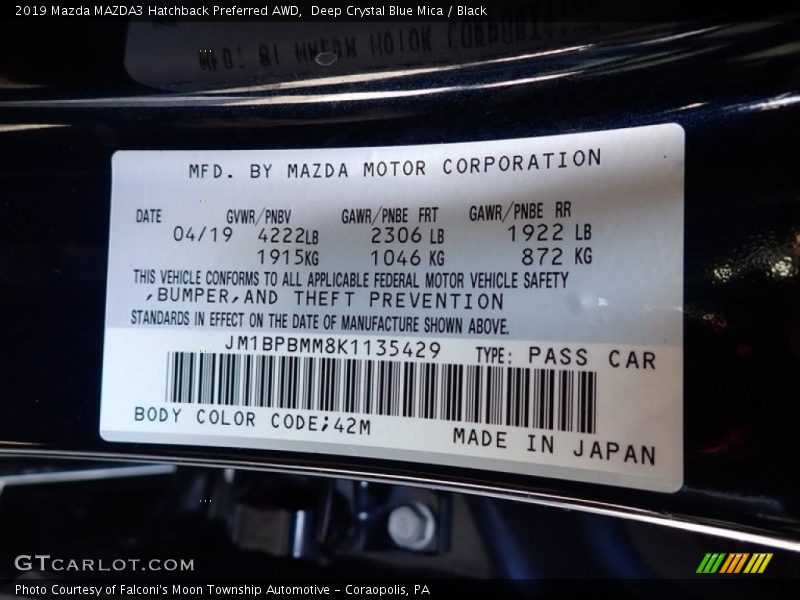 Deep Crystal Blue Mica / Black 2019 Mazda MAZDA3 Hatchback Preferred AWD