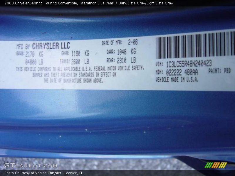 Marathon Blue Pearl / Dark Slate Gray/Light Slate Gray 2008 Chrysler Sebring Touring Convertible