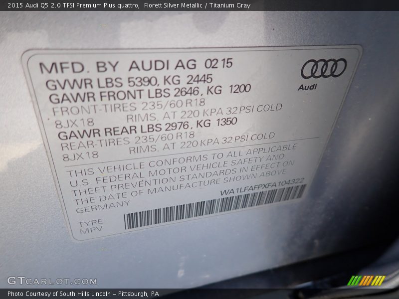 Florett Silver Metallic / Titanium Gray 2015 Audi Q5 2.0 TFSI Premium Plus quattro