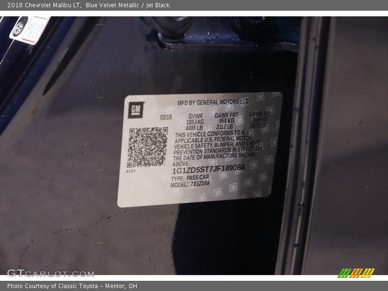 Blue Velvet Metallic / Jet Black 2018 Chevrolet Malibu LT