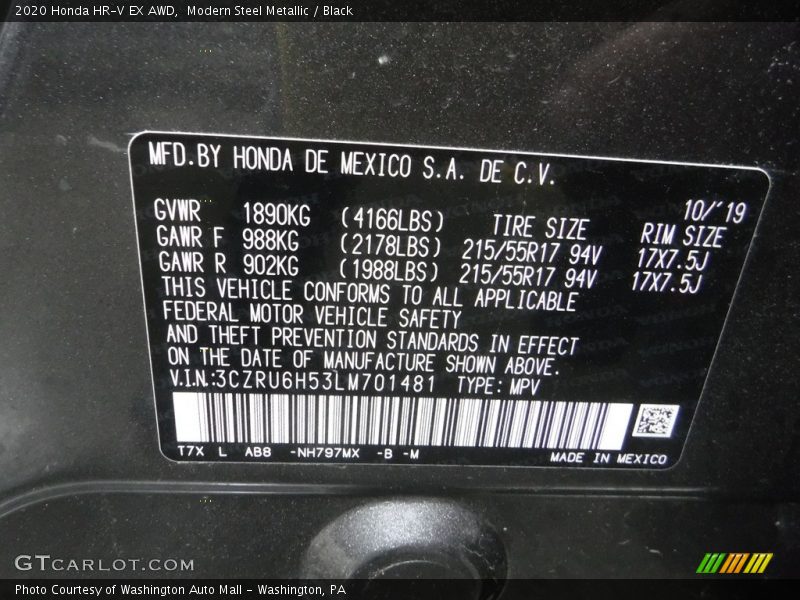 Modern Steel Metallic / Black 2020 Honda HR-V EX AWD