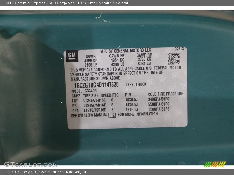Dark Green Metallic / Neutral 2013 Chevrolet Express 3500 Cargo Van
