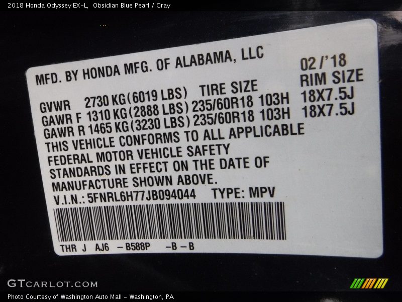 Obsidian Blue Pearl / Gray 2018 Honda Odyssey EX-L