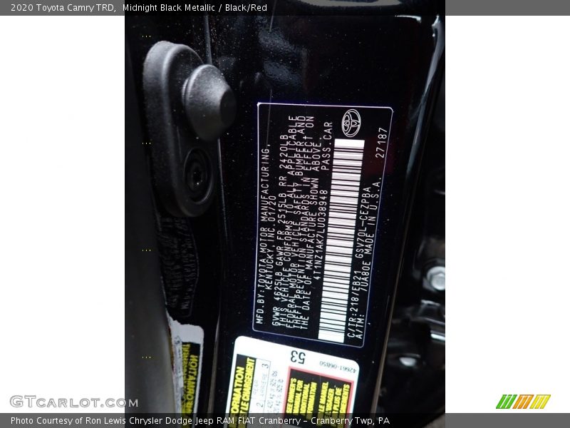2020 Camry TRD Midnight Black Metallic Color Code 218