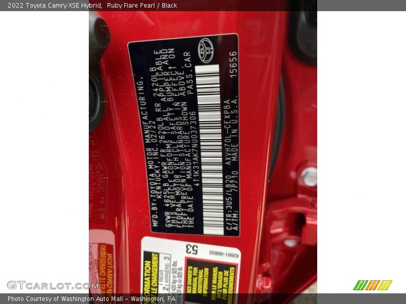 2022 Camry XSE Hybrid Ruby Flare Pearl Color Code 3U5