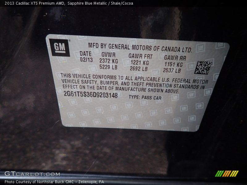 Sapphire Blue Metallic / Shale/Cocoa 2013 Cadillac XTS Premium AWD