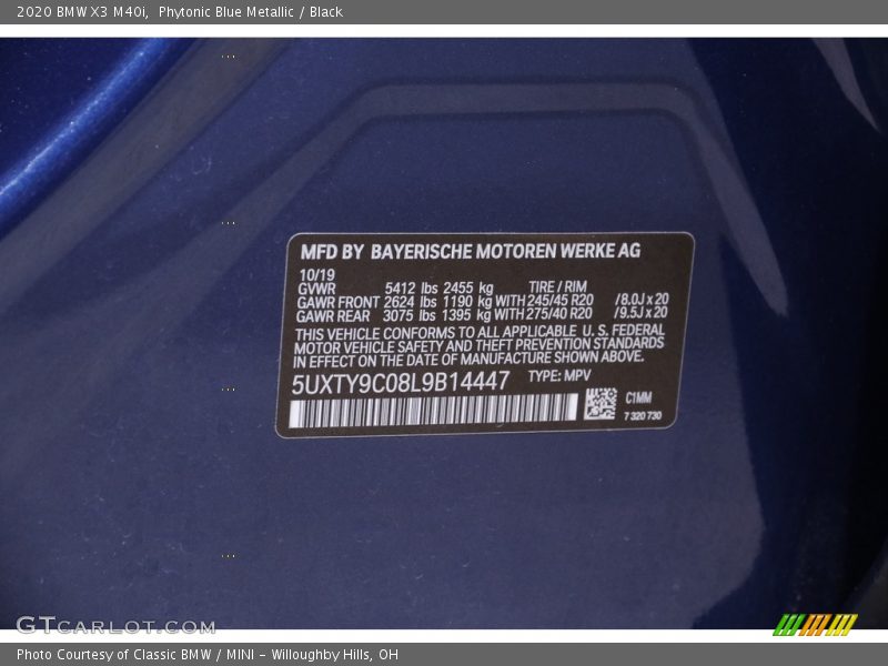 Phytonic Blue Metallic / Black 2020 BMW X3 M40i