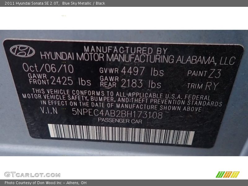 Blue Sky Metallic / Black 2011 Hyundai Sonata SE 2.0T