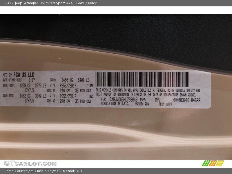 Gobi / Black 2017 Jeep Wrangler Unlimited Sport 4x4