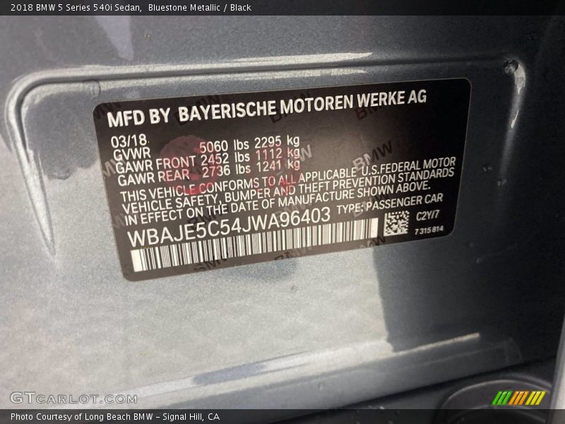 Bluestone Metallic / Black 2018 BMW 5 Series 540i Sedan