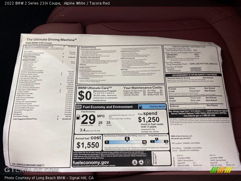 Alpine White / Tacora Red 2022 BMW 2 Series 230i Coupe