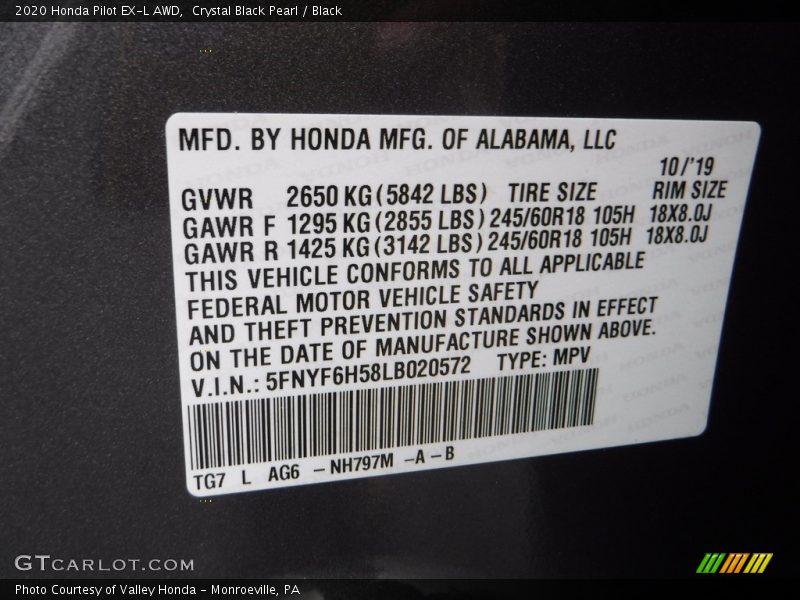 Crystal Black Pearl / Black 2020 Honda Pilot EX-L AWD