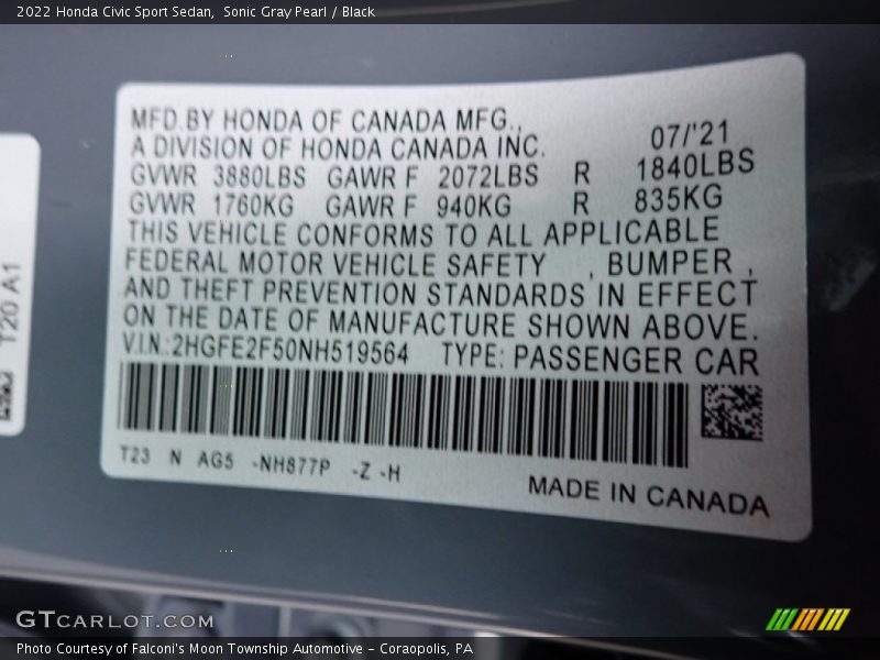 2022 Civic Sport Sedan Sonic Gray Pearl Color Code NH877P