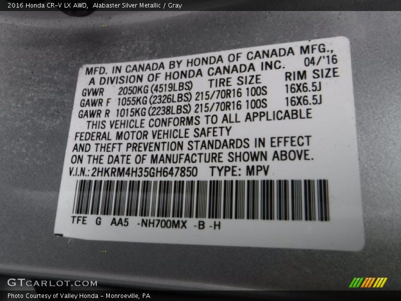 Alabaster Silver Metallic / Gray 2016 Honda CR-V LX AWD