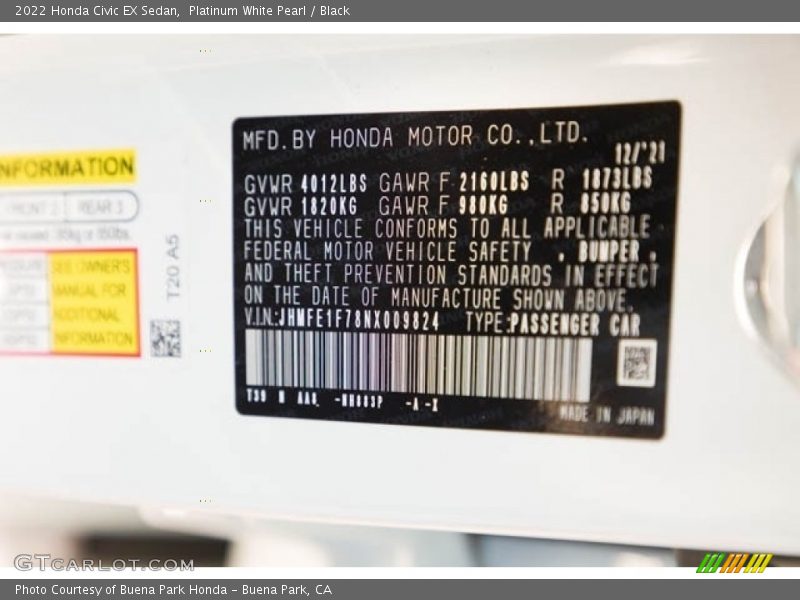 Platinum White Pearl / Black 2022 Honda Civic EX Sedan