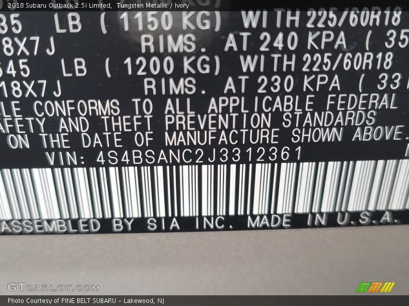 Tungsten Metallic / Ivory 2018 Subaru Outback 2.5i Limited
