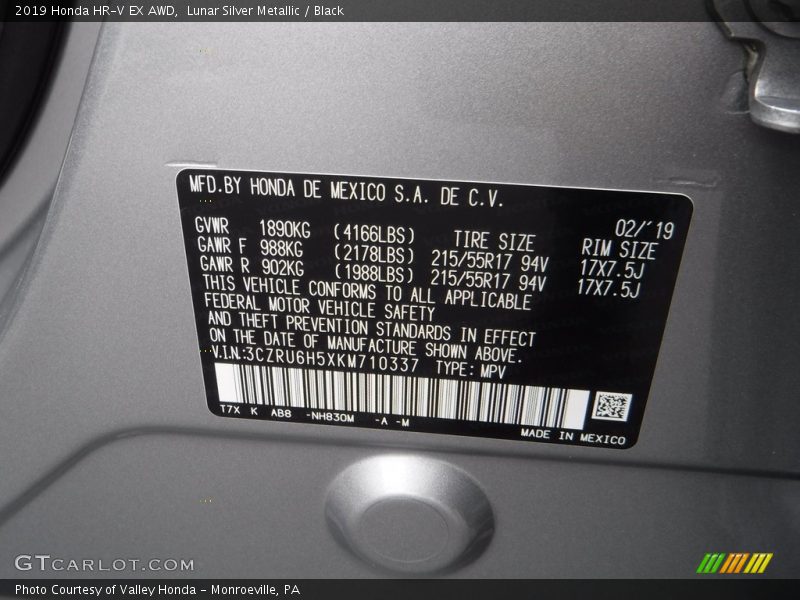 Lunar Silver Metallic / Black 2019 Honda HR-V EX AWD