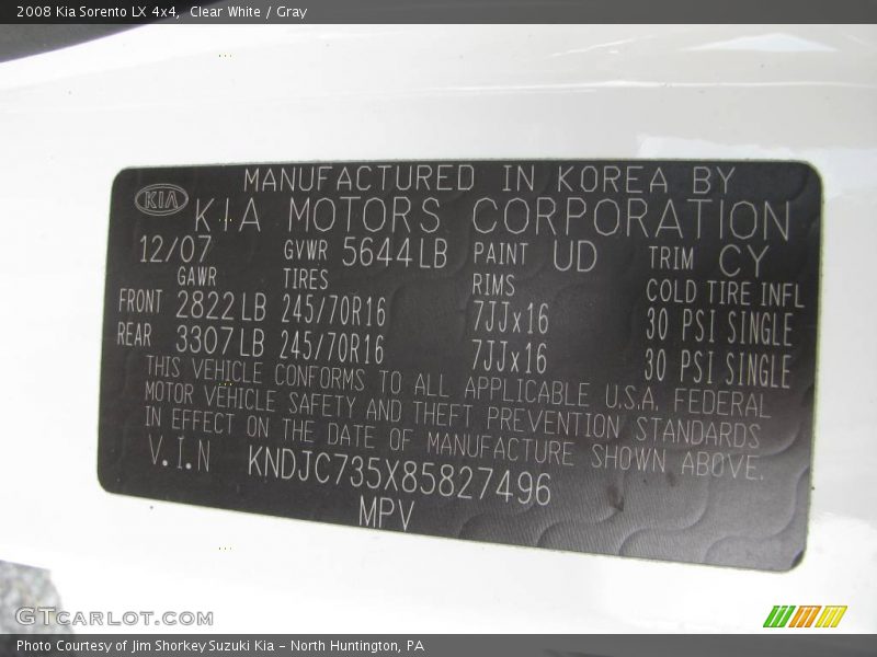 Clear White / Gray 2008 Kia Sorento LX 4x4