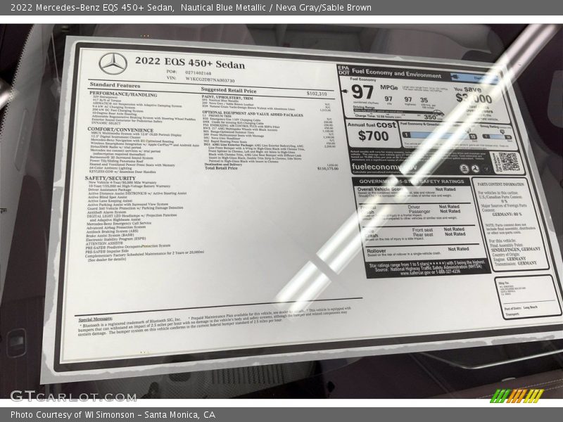 2022 EQS 450+ Sedan Window Sticker