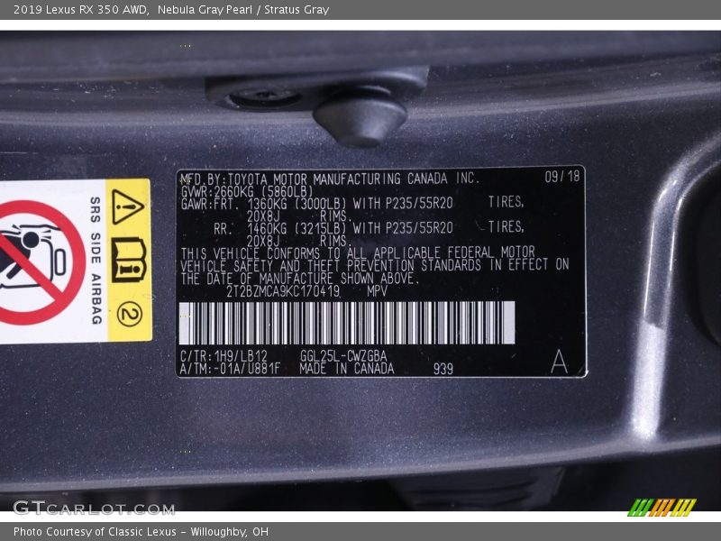 Nebula Gray Pearl / Stratus Gray 2019 Lexus RX 350 AWD