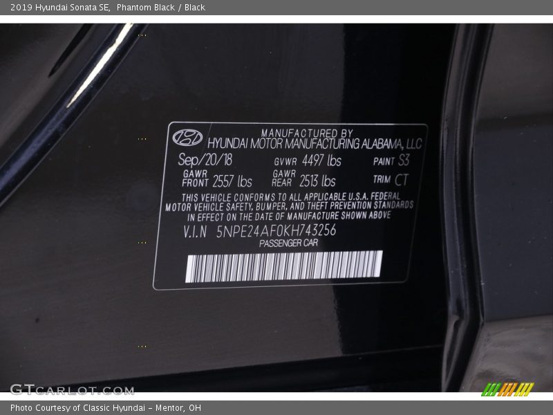 Phantom Black / Black 2019 Hyundai Sonata SE