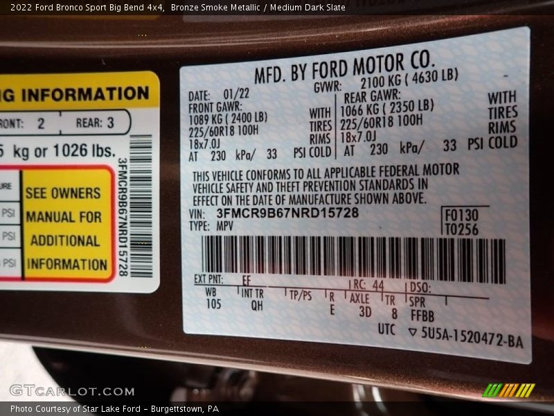 2022 Bronco Sport Big Bend 4x4 Bronze Smoke Metallic Color Code EF