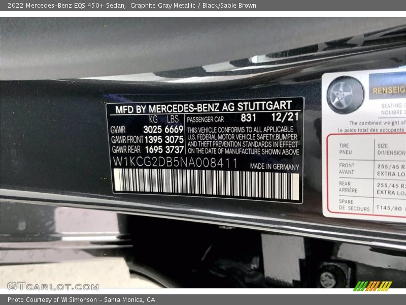 2022 EQS 450+ Sedan Graphite Gray Metallic Color Code 831