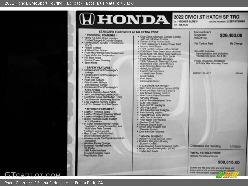 2022 Civic Sport Touring Hatchback Window Sticker