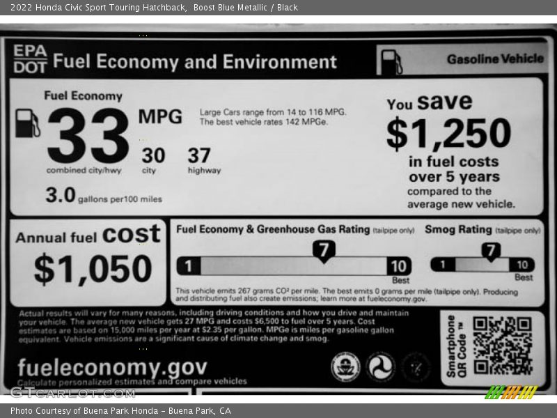 Info Tag of 2022 Civic Sport Touring Hatchback