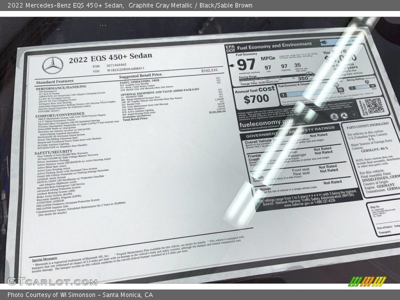  2022 EQS 450+ Sedan Window Sticker