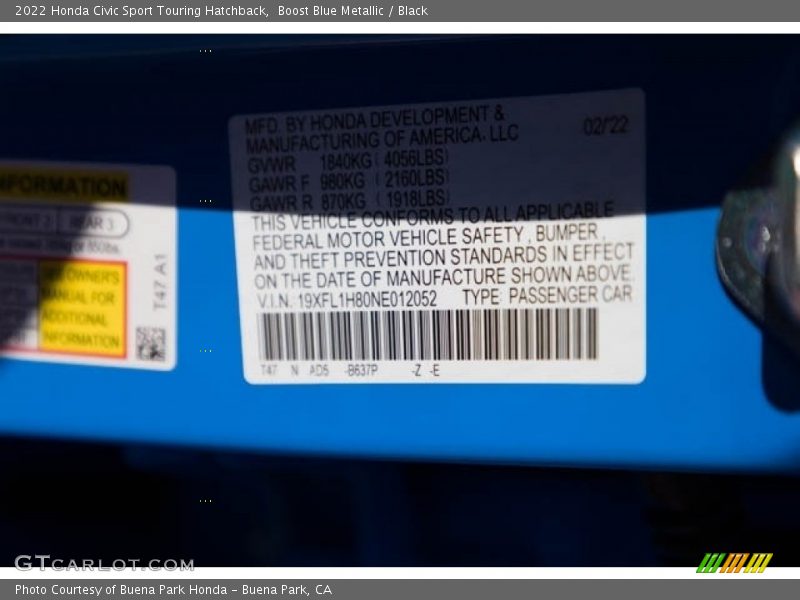 2022 Civic Sport Touring Hatchback Boost Blue Metallic Color Code B637P