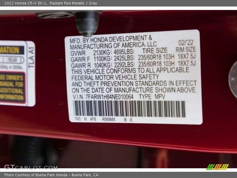 2022 CR-V EX-L Radiant Red Metallic Color Code R569MX