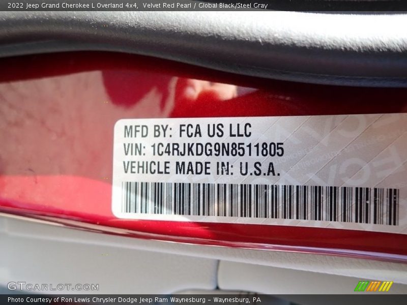 Velvet Red Pearl / Global Black/Steel Gray 2022 Jeep Grand Cherokee L Overland 4x4