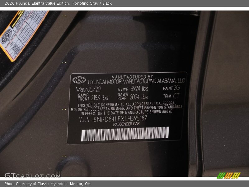 Portofino Gray / Black 2020 Hyundai Elantra Value Edition