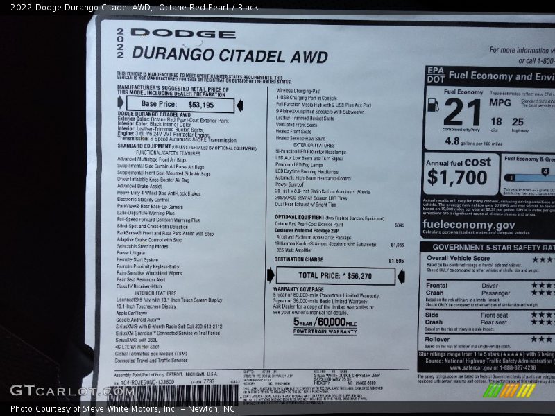 Octane Red Pearl / Black 2022 Dodge Durango Citadel AWD