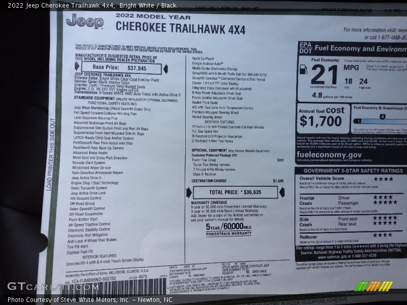  2022 Cherokee Trailhawk 4x4 Window Sticker