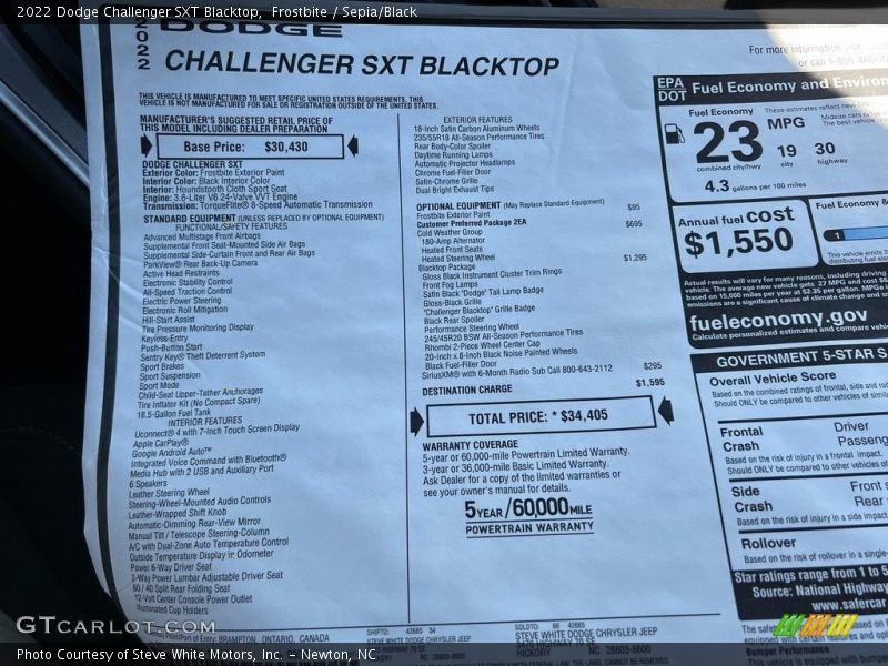  2022 Challenger SXT Blacktop Window Sticker
