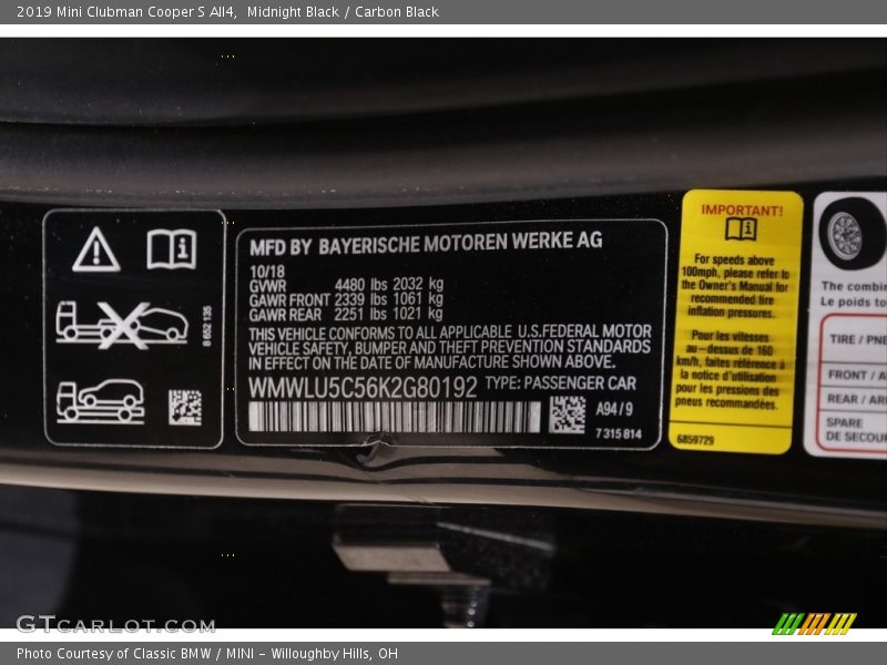 Midnight Black / Carbon Black 2019 Mini Clubman Cooper S All4