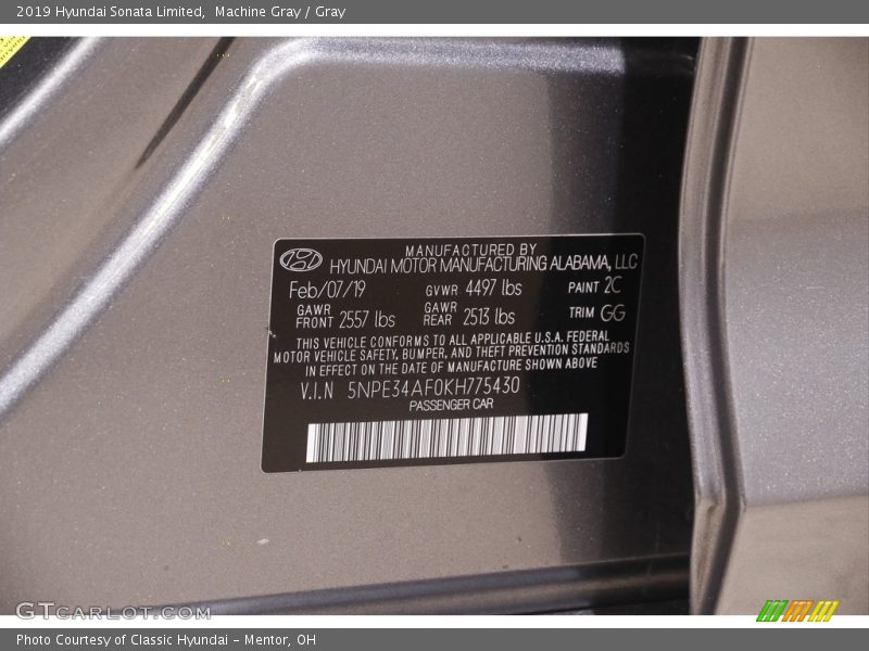 Machine Gray / Gray 2019 Hyundai Sonata Limited