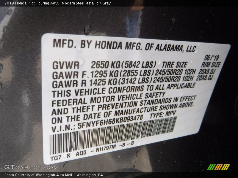 Modern Steel Metallic / Gray 2019 Honda Pilot Touring AWD