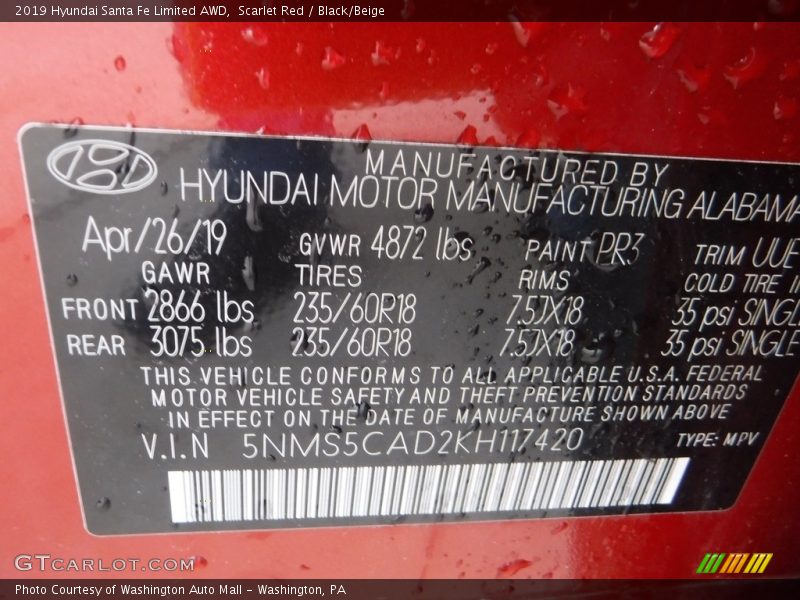 Scarlet Red / Black/Beige 2019 Hyundai Santa Fe Limited AWD