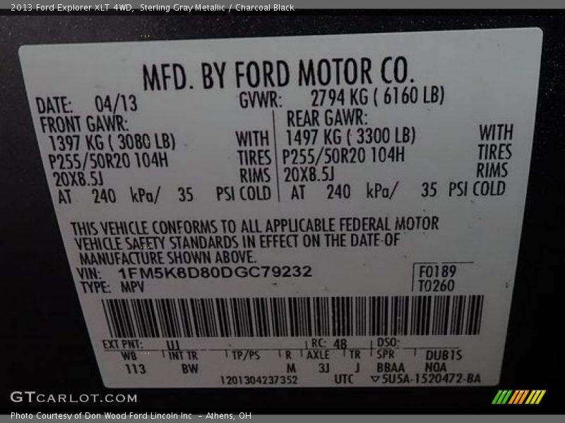 Sterling Gray Metallic / Charcoal Black 2013 Ford Explorer XLT 4WD